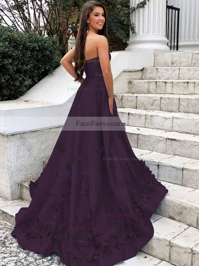 A-line Strapless Satin Sweep Train Flower(s) Prom Dresses #Favs020106680