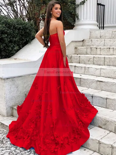 A-line Strapless Satin Sweep Train Flower(s) Prom Dresses #Favs020106680