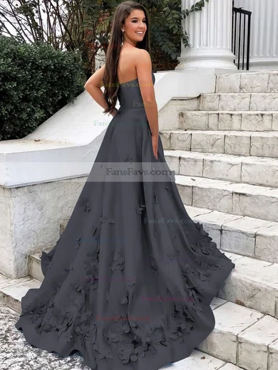 A-line Strapless Satin Sweep Train Flower(s) Prom Dresses #Favs020106680