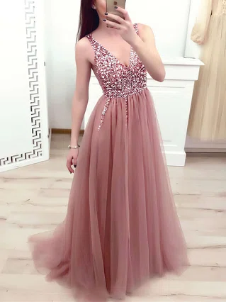 A-line V-neck Tulle Sweep Train Beading Prom Dresses #Favs020106698 A-line V-neck Tulle Sweep Train Beading Prom Dresses #Favs020106698