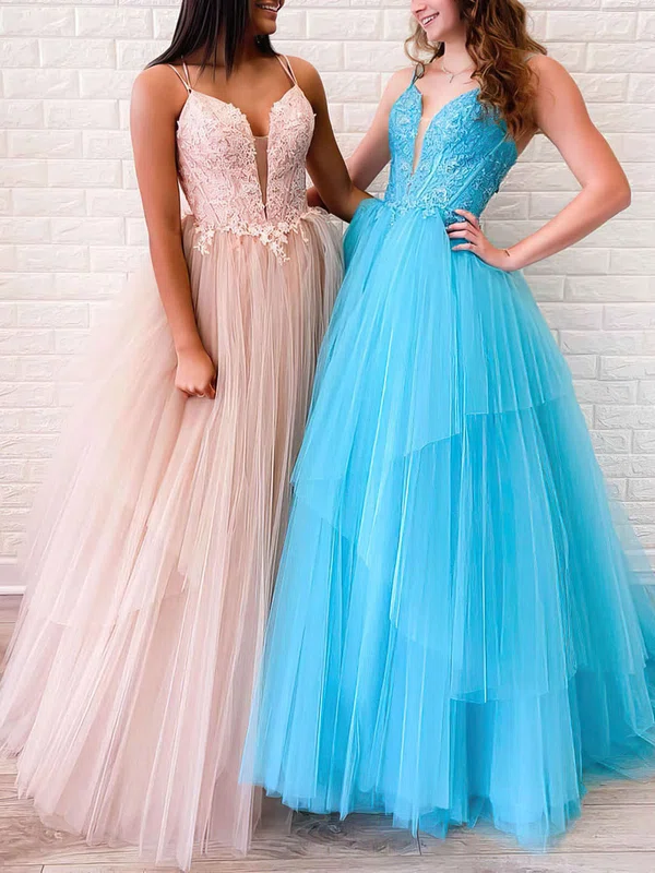 Princess V-neck Tulle Sweep Train Beading Prom Dresses #Favs020106721