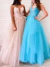 Princess V-neck Tulle Sweep Train Beading Prom Dresses #Favs020106721