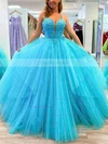 Princess V-neck Tulle Sweep Train Beading Prom Dresses #Favs020106721