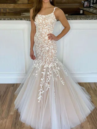 Trumpet/Mermaid Square Neckline Tulle Sweep Train Beading Prom Dresses #Favs020106729