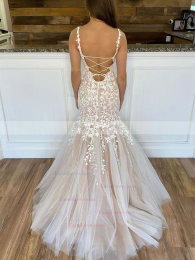 Trumpet/Mermaid Square Neckline Tulle Sweep Train Beading Prom Dresses #Favs020106729