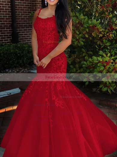 Trumpet/Mermaid Square Neckline Tulle Sweep Train Beading Prom Dresses #Favs020106729