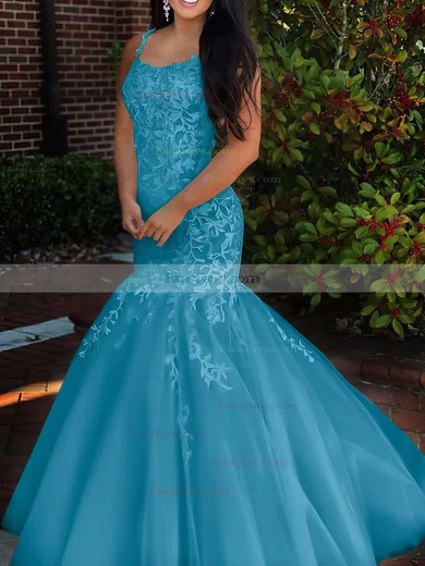 Trumpet/Mermaid Square Neckline Tulle Sweep Train Beading Prom Dresses #Favs020106729