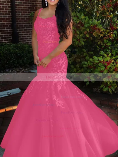 Trumpet/Mermaid Square Neckline Tulle Sweep Train Beading Prom Dresses #Favs020106729