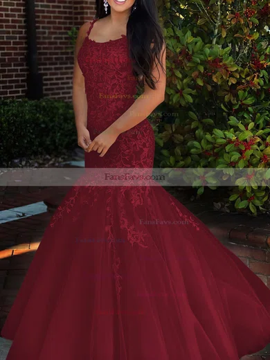 Trumpet/Mermaid Square Neckline Tulle Sweep Train Beading Prom Dresses #Favs020106729