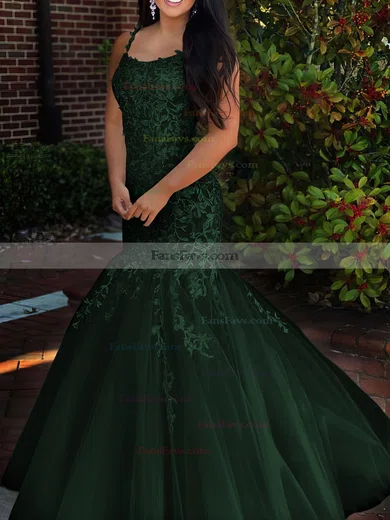 Trumpet/Mermaid Square Neckline Tulle Sweep Train Beading Prom Dresses #Favs020106729
