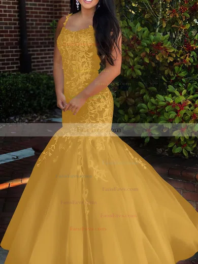 Trumpet/Mermaid Square Neckline Tulle Sweep Train Beading Prom Dresses #Favs020106729