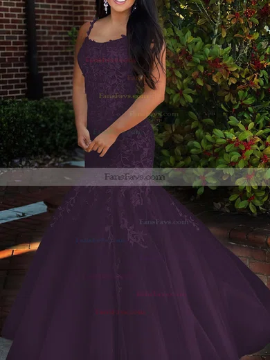 Trumpet/Mermaid Square Neckline Tulle Sweep Train Beading Prom Dresses #Favs020106729