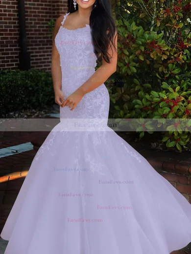 Trumpet/Mermaid Square Neckline Tulle Sweep Train Beading Prom Dresses #Favs020106729