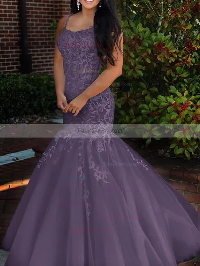 Trumpet/Mermaid Square Neckline Tulle Sweep Train Beading Prom Dresses #Favs020106729