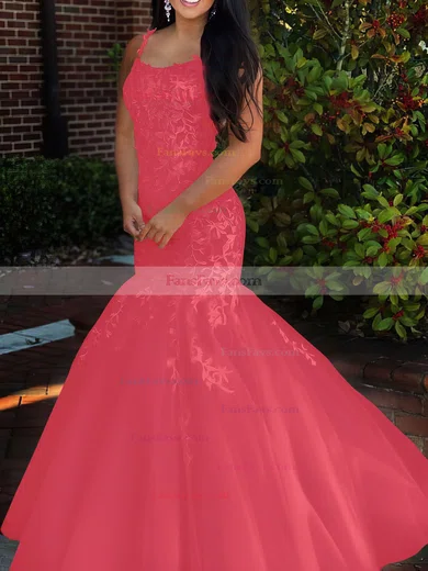 Trumpet/Mermaid Square Neckline Tulle Sweep Train Beading Prom Dresses #Favs020106729