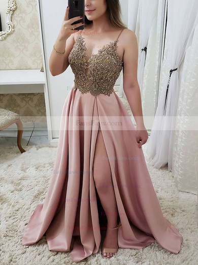 A-line V-neck Satin Sweep Train Appliques Lace Prom Dresses #Favs020106751