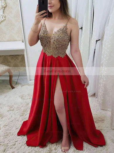 A-line V-neck Satin Sweep Train Appliques Lace Prom Dresses #Favs020106751