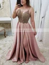 A-line V-neck Satin Sweep Train Appliques Lace Prom Dresses #Favs020106751