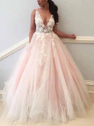 Ball Gown V-neck Tulle Sweep Train Appliques Lace Prom Dresses #Favs020106757