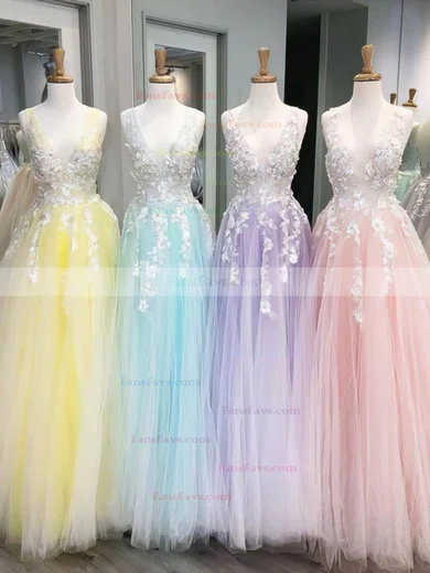 Ball Gown V-neck Tulle Sweep Train Appliques Lace Prom Dresses #Favs020106757