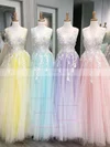Ball Gown V-neck Tulle Sweep Train Appliques Lace Prom Dresses #Favs020106757