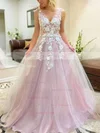Ball Gown V-neck Tulle Sweep Train Appliques Lace Prom Dresses #Favs020106757