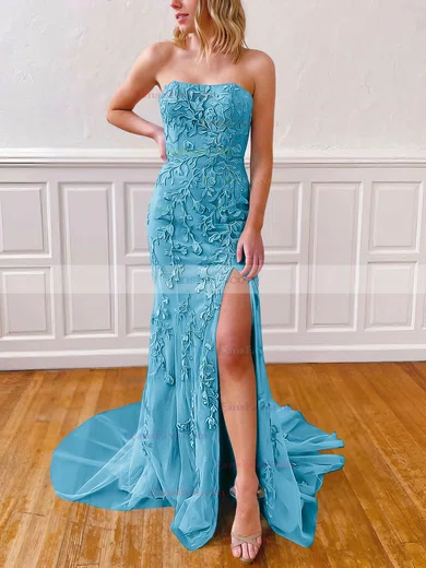 Sheath/Column Strapless Lace Tulle Sweep Train Appliques Lace Prom Dresses #Favs020106782