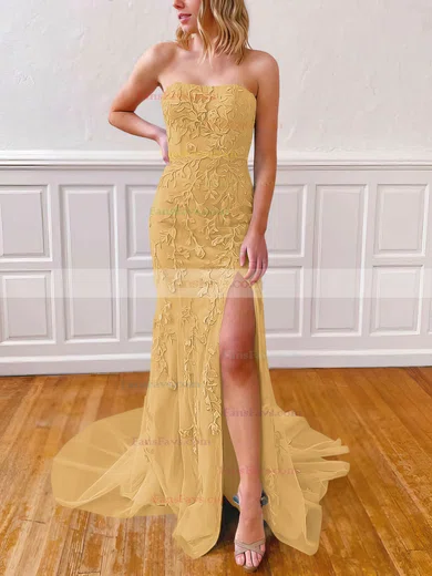 Sheath/Column Strapless Lace Tulle Sweep Train Appliques Lace Prom Dresses #Favs020106782