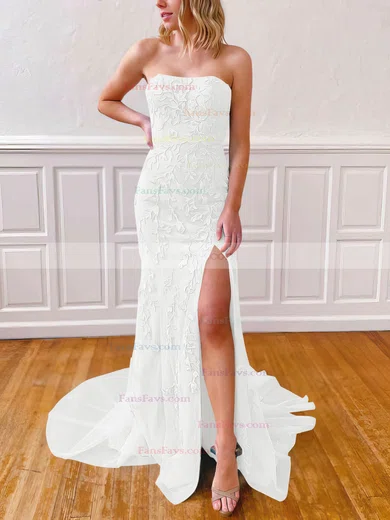 Sheath/Column Strapless Lace Tulle Sweep Train Appliques Lace Prom Dresses #Favs020106782