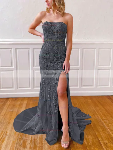 Sheath/Column Strapless Lace Tulle Sweep Train Appliques Lace Prom Dresses #Favs020106782