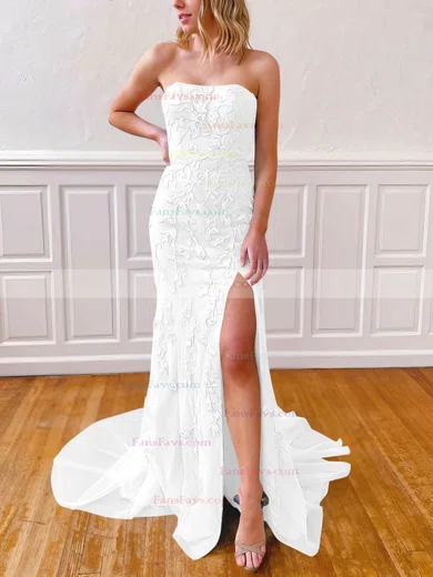 Sheath/Column Strapless Lace Tulle Sweep Train Appliques Lace Prom Dresses #Favs020106782