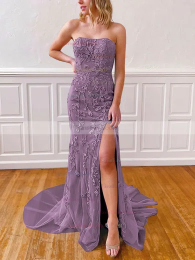 Sheath/Column Strapless Lace Tulle Sweep Train Appliques Lace Prom Dresses #Favs020106782