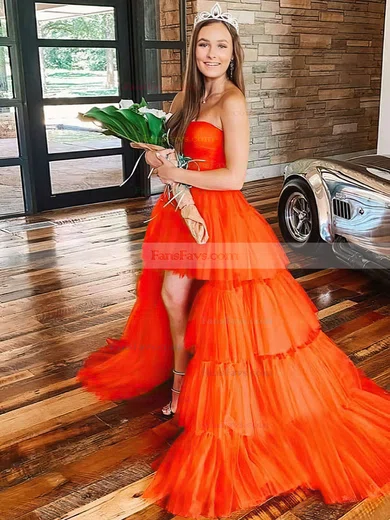 Princess Strapless Tulle Asymmetrical Sashes / Ribbons Prom Dresses #Favs020106794