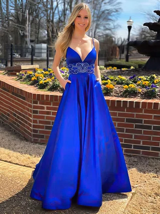 A-line V-neck Satin Sweep Train Beading Prom Dresses #Favs020106890
