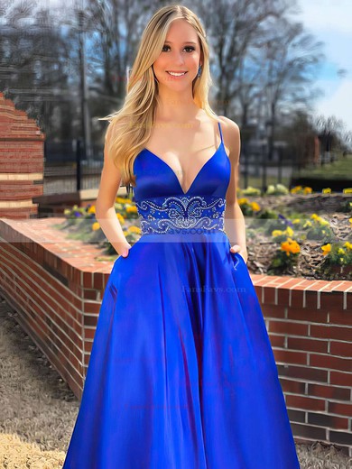 A-line V-neck Satin Sweep Train Beading Prom Dresses #Favs020106890