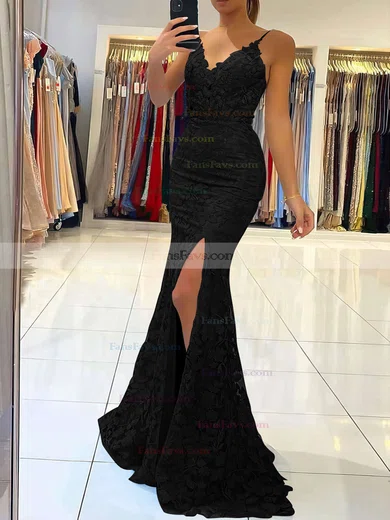 Trumpet/Mermaid V-neck Tulle Sweep Train Appliques Lace Prom Dresses #Favs020106894