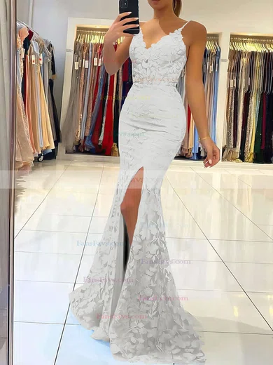 Trumpet/Mermaid V-neck Tulle Sweep Train Appliques Lace Prom Dresses #Favs020106894