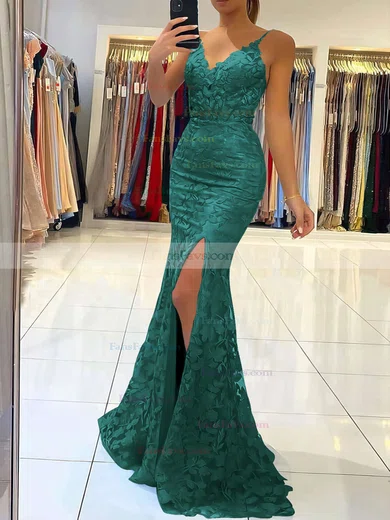 Trumpet/Mermaid V-neck Tulle Sweep Train Appliques Lace Prom Dresses #Favs020106894
