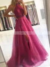 A-line High Neck Organza Sweep Train Beading Prom Dresses #Favs020106906