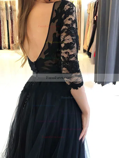 A-line Scoop Neck Tulle Sweep Train Appliques Lace Prom Dresses #Favs020106912