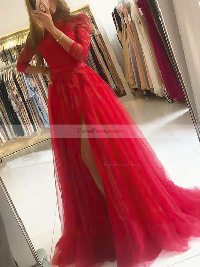 A-line Scoop Neck Tulle Sweep Train Appliques Lace Prom Dresses #Favs020106912