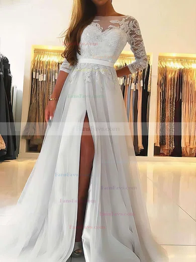 A-line Scoop Neck Tulle Sweep Train Appliques Lace Prom Dresses #Favs020106912