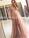 A-line Scoop Neck Tulle Sweep Train Appliques Lace Prom Dresses #Favs020106912