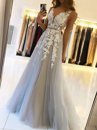 A-line V-neck Tulle Sweep Train Beading Prom Dresses #Favs020106918 A-line V-neck Tulle Sweep Train Beading Prom Dresses #Favs020106918