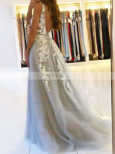 A-line V-neck Tulle Sweep Train Beading Prom Dresses #Favs020106918