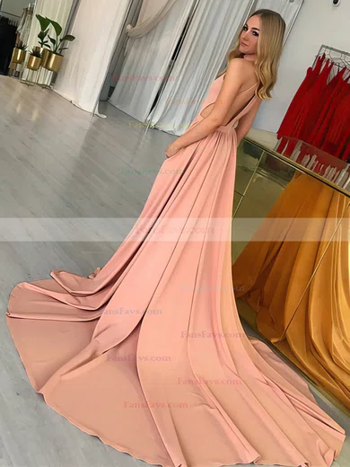 A-line High Neck Stretch Crepe Chapel Train Pockets Prom Dresses #Favs020106466