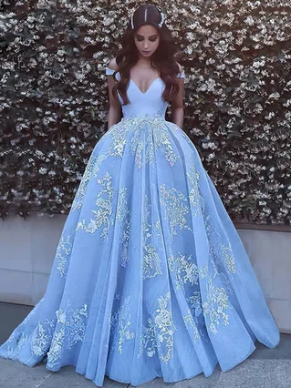 Ball Gown Off-the-shoulder Tulle Sweep Train Appliques Lace Prom Dresses #Favs020106469