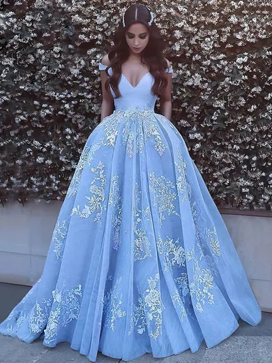Ball Gown Off-the-shoulder Tulle Sweep Train Appliques Lace Prom Dresses #Favs020106469