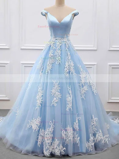 Ball Gown Off-the-shoulder Tulle Sweep Train Appliques Lace Prom Dresses #Favs020106469
