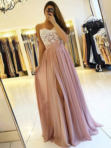 A-line V-neck Chiffon Floor-length Appliques Lace Prom Dresses #Favs020106471
